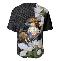 Black baseball jersey back view with eagle shield and white sampaguita blossoms