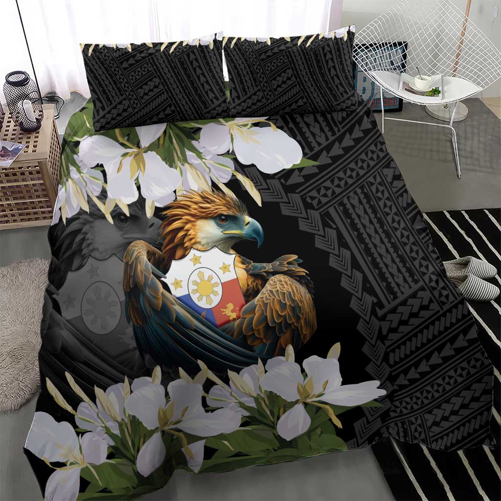 Black duvet and pillowcases featuring eagle crest, geometric texture, and white blossoms