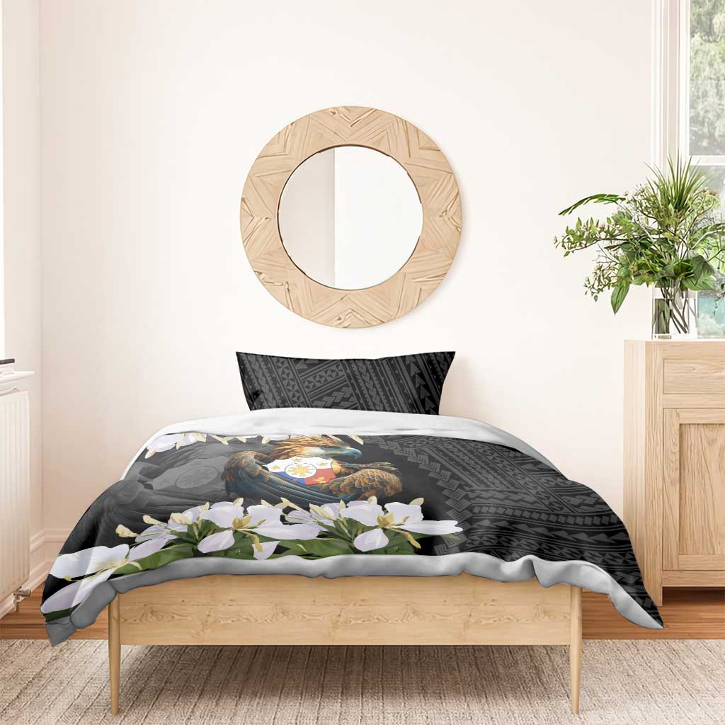 Black duvet with eagle crest and white blossoms over geometric patterned sides