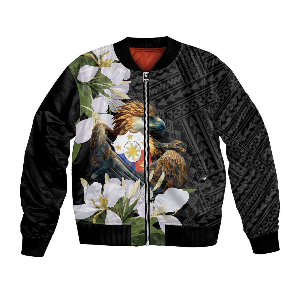 Unisex black bomber jacket with full zip, eagle crest and white sampaguita flowers