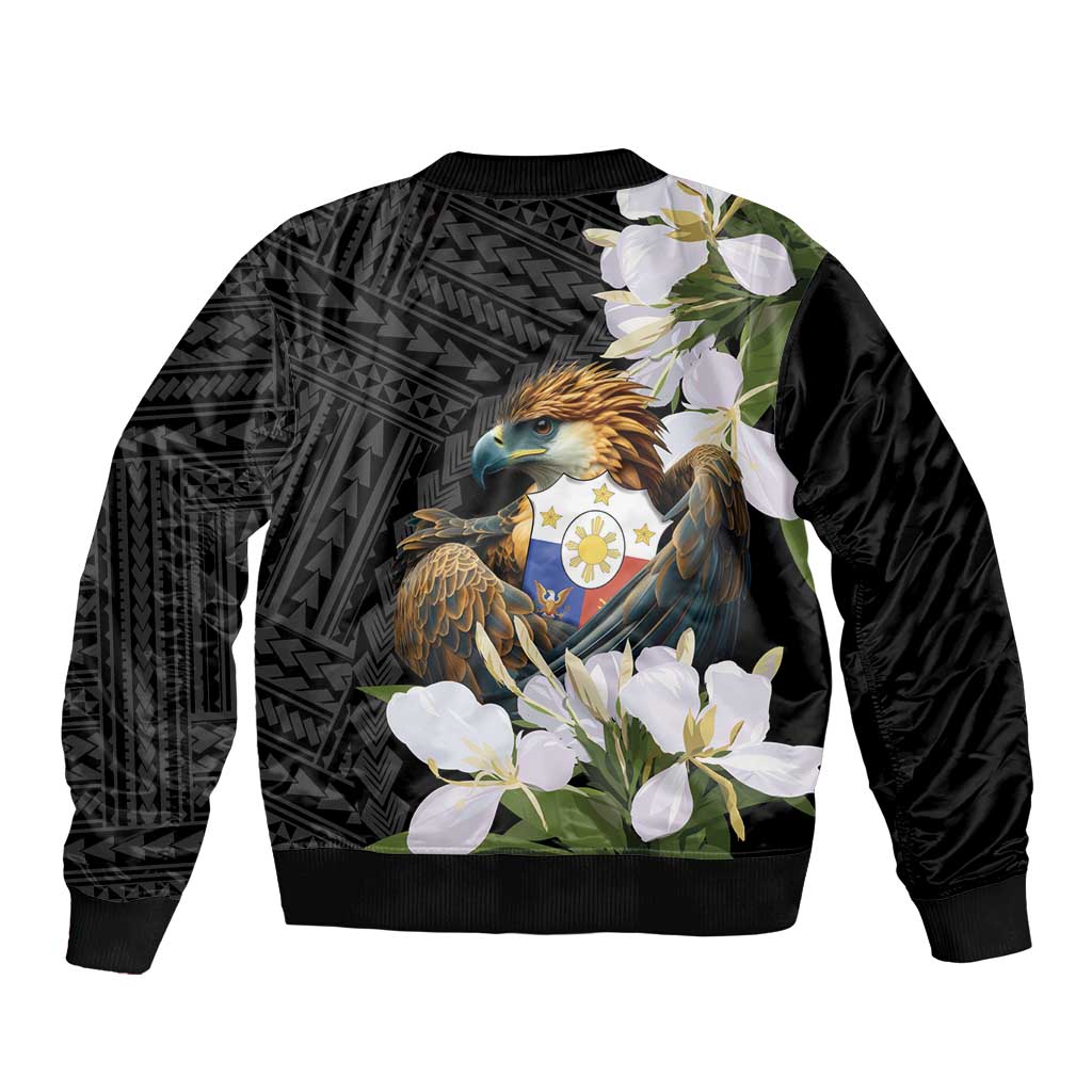 Unisex black bomber jacket, back graphic with eagle, coat of arms and white flowers