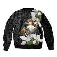 Unisex black bomber jacket, back graphic with eagle, coat of arms and white flowers