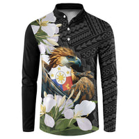Black long-sleeve button sweatshirt with eagle crest graphic and white sampaguita flowers