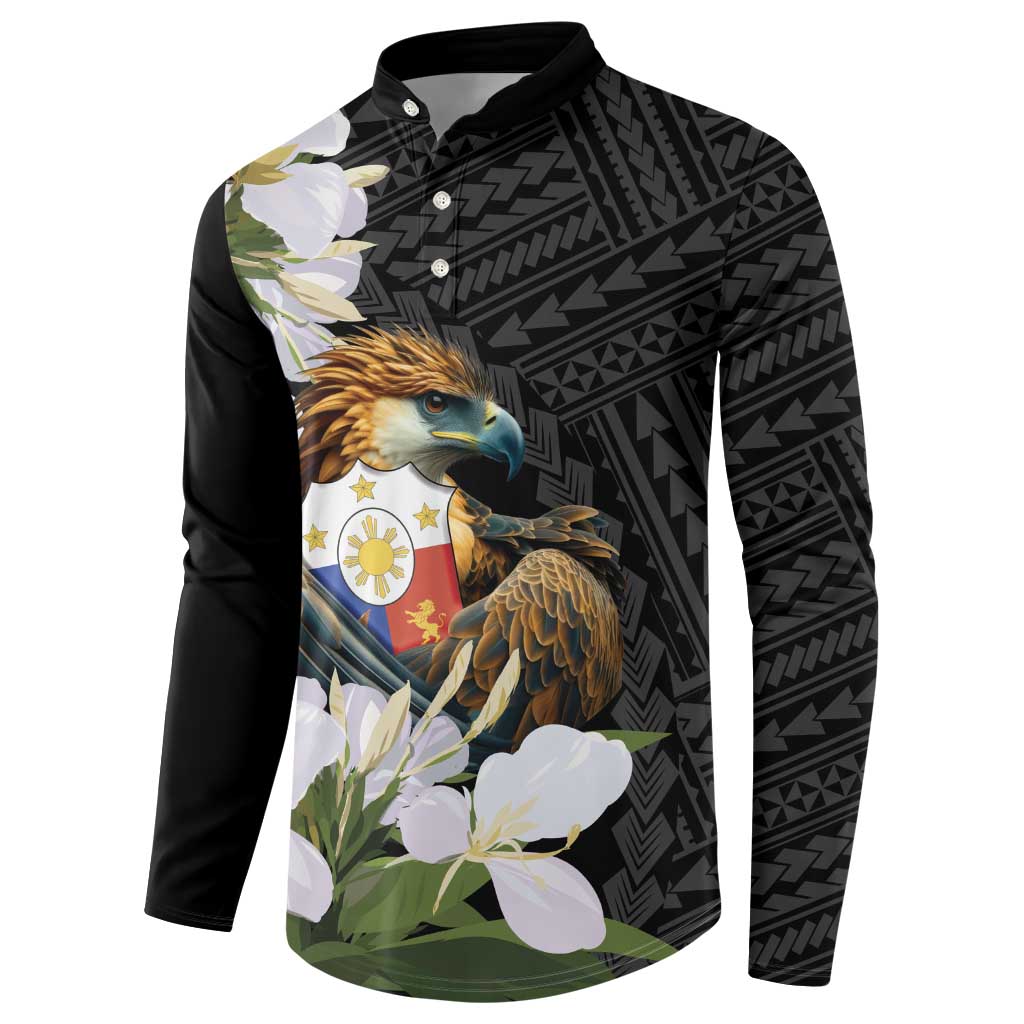 Black long-sleeve button sweatshirt with eagle crest and white flower front graphic