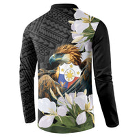 Black long-sleeve button sweatshirt with back eagle crest and white sampaguita flowers