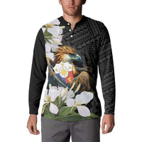 Black long-sleeve button sweatshirt worn front, showing eagle crest and white sampaguita flowers
