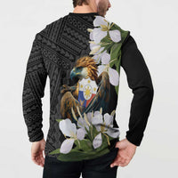 Black long-sleeve button sweatshirt worn back, eagle crest with white sampaguita flower print