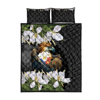 Black eagle quilt bed set with crest and white blossoms, two matching square pillows