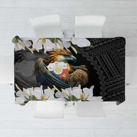 Black tablecloth with Philippine eagle coat of arms and sampaguita jasmine floral print