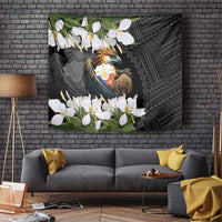 Black eagle tapestry wall hanging with coat of arms, white flowers and green foliage