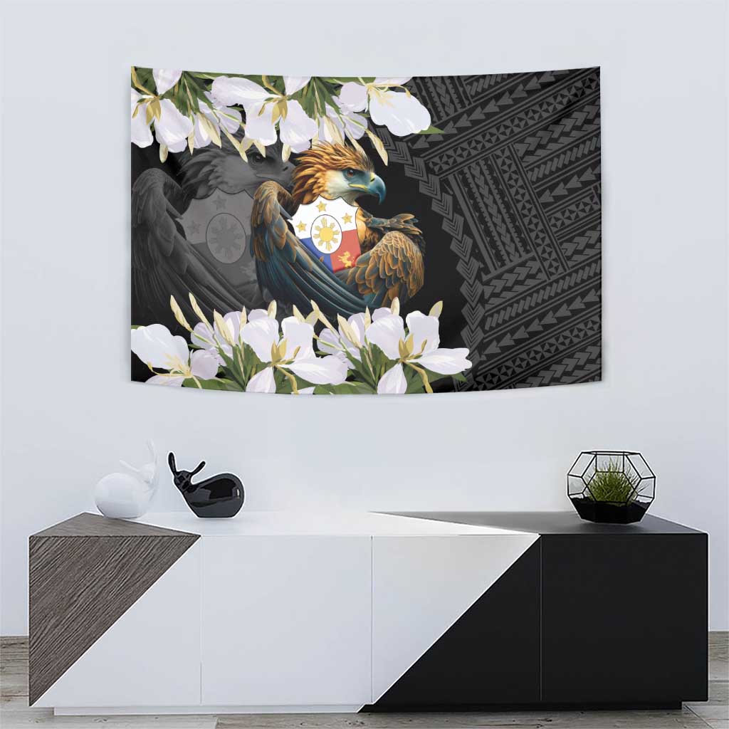 Black eagle tapestry wall hanging with white flowers border and tribal pattern right side