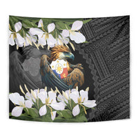 Black eagle tapestry wall hanging with white blossoms, green leaves, and teal-gold eagle