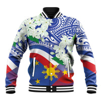 Unisex blue baseball jacket with Philippines flag, jasmine flowers, tribal graphics