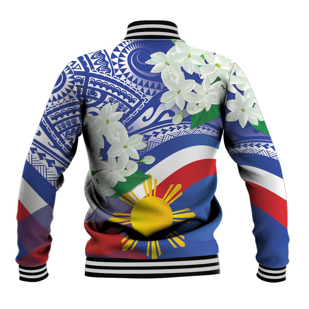 Unisex blue baseball jacket back with floral print, Philippines flag sun, tribal patterns