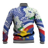 Unisex blue baseball jacket back with floral print, Philippines flag sun, tribal patterns