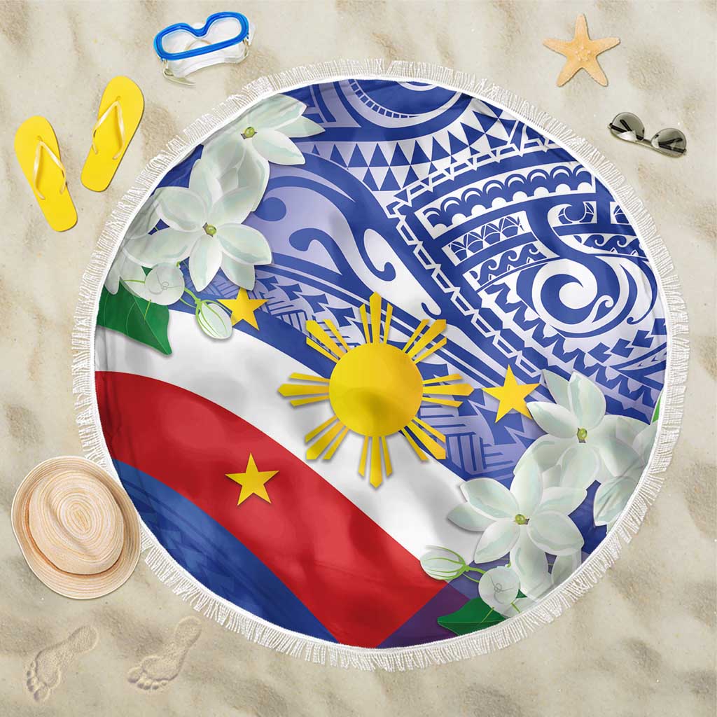 Philippines Flag Beach Blanket Sampaguita Jasmine with Polynesian Tribal LT9 - Wonder Print Shop