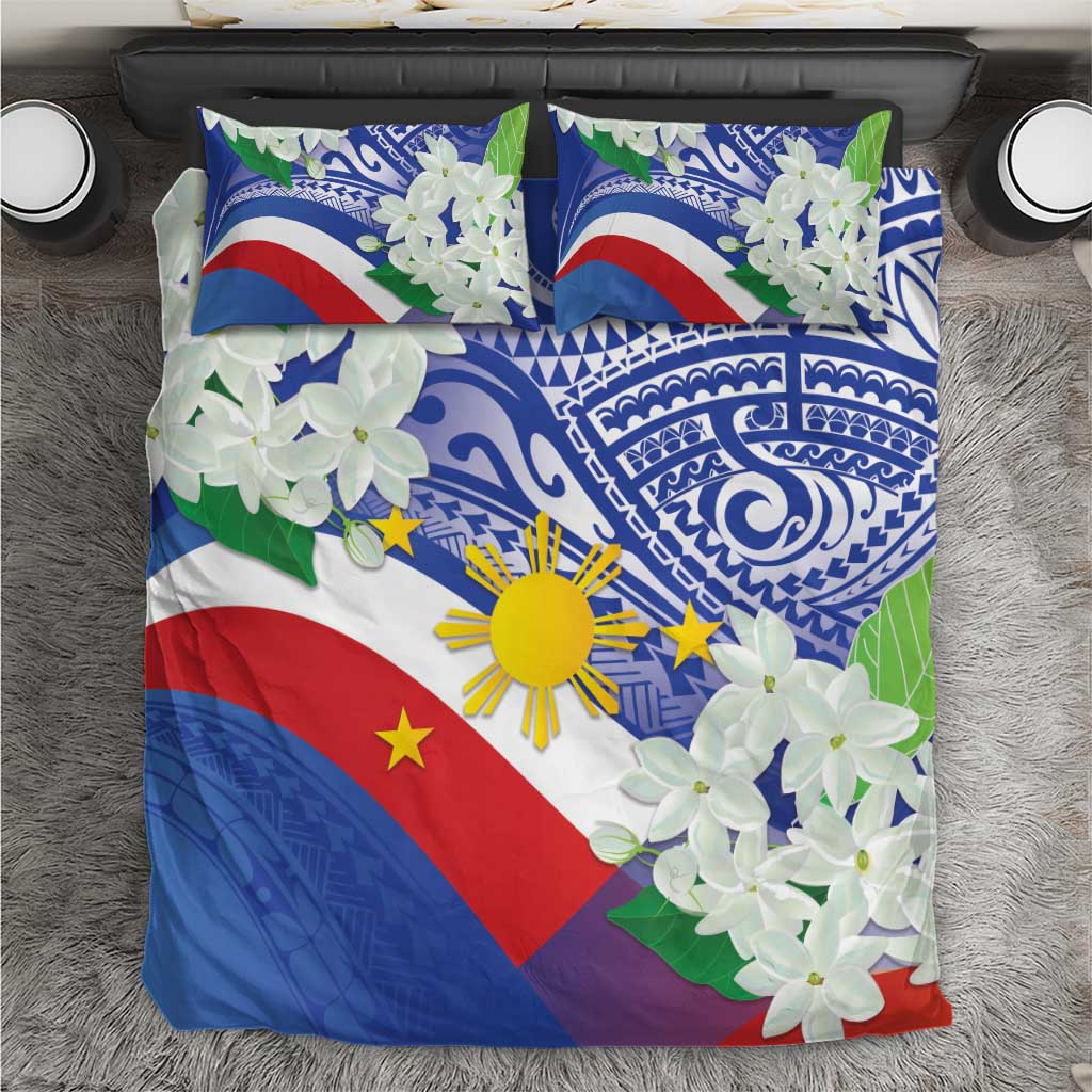 Philippines flag bedding set with blue Tribal pattern and white jasmine flowers, two pillowcases