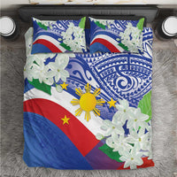 Philippines flag bedding set with blue Tribal pattern and white jasmine flowers, two pillowcases