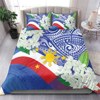 Philippines flag bedding set featuring blue tribal motifs, yellow sun emblem, white jasmine flowers