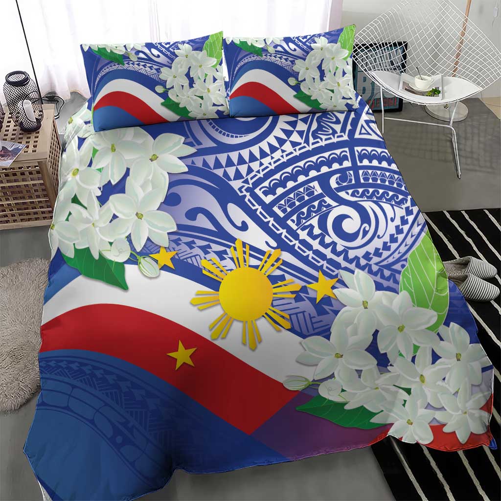 Philippines flag bedding set with blue swirls, red diagonal stripe, and white jasmine blossoms