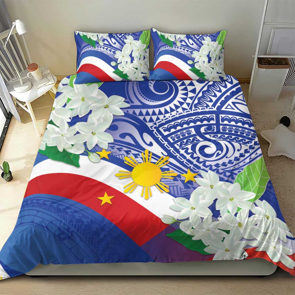 Philippines flag bedding set with two matching pillowcases and blue tribal design plus jasmine flowers