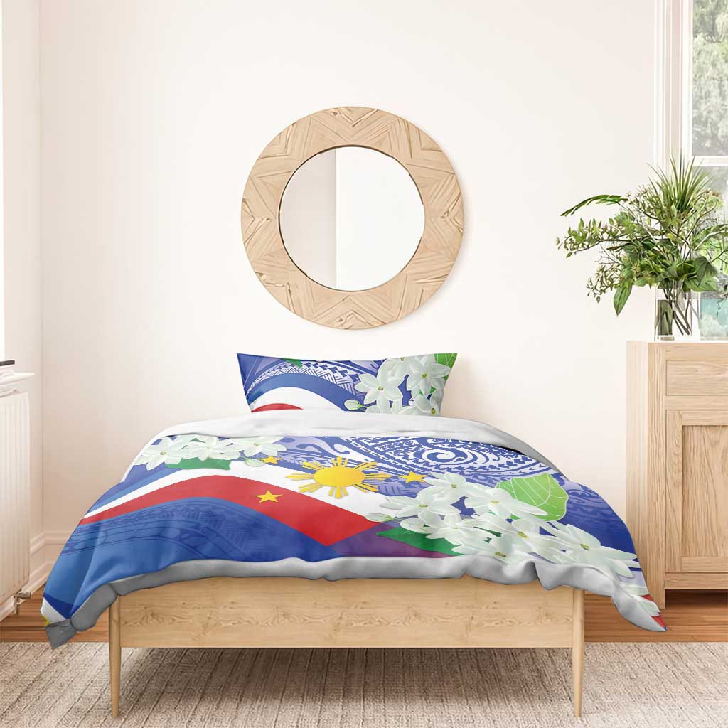 Philippines flag bedding set on wooden bed frame with blue tribal print and white jasmine flowers