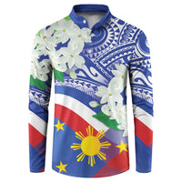 Blue long-sleeve button polo sweatshirt with white floral and tribal print