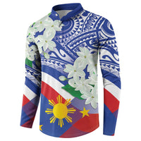 Blue long-sleeve button polo sweatshirt with white flowers, sun and star graphic