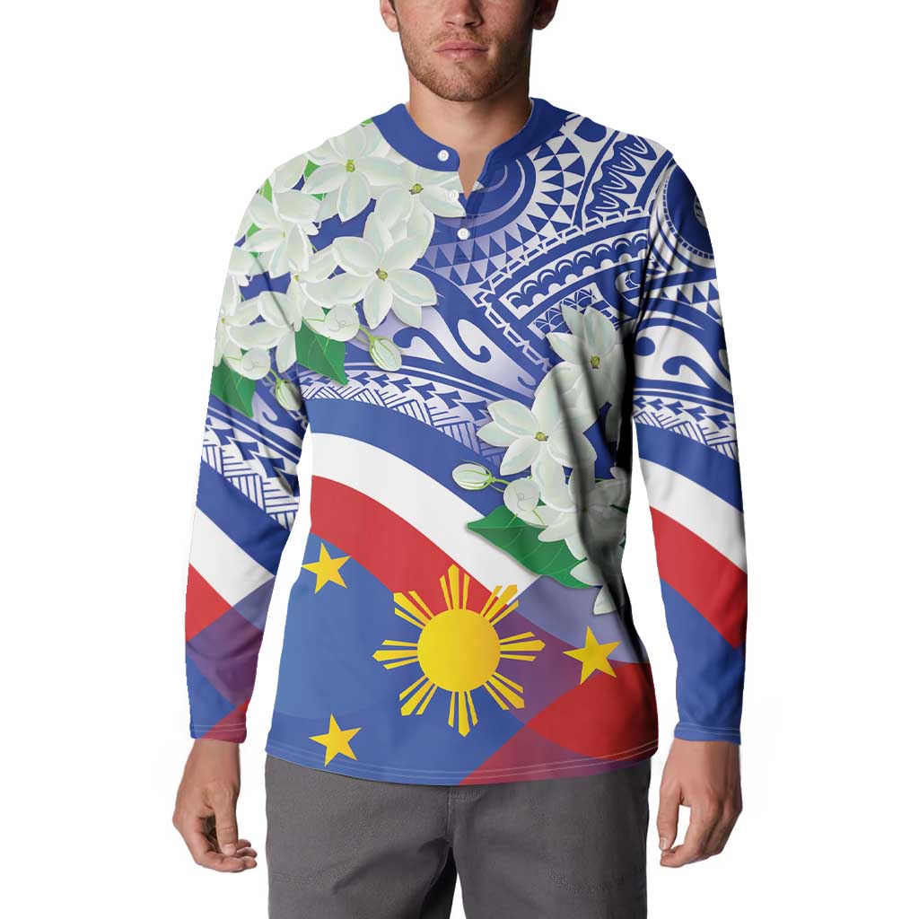 Blue long-sleeve button polo sweatshirt, front view with floral and flag-themed print