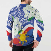 Blue long-sleeve button polo sweatshirt, back view with floral clusters and flag print