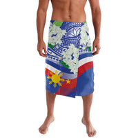 Men's printed lavalava-style wrap shorts with blue floral and tribal flag graphic