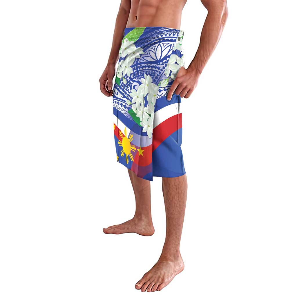 Men's printed lavalava-style wrap shorts, angled view with blue tribal pattern and floral