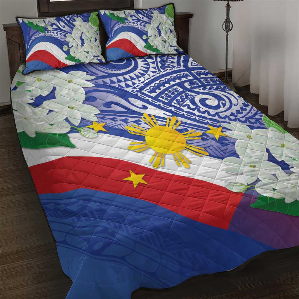 Philippines Flag Quilt Bed Set Sampaguita Jasmine with Polynesian Tribal - Wonder Print Shop