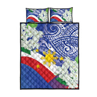 Philippines flag quilt bed set with blue tribal design and jasmine flowers; two pillow covers