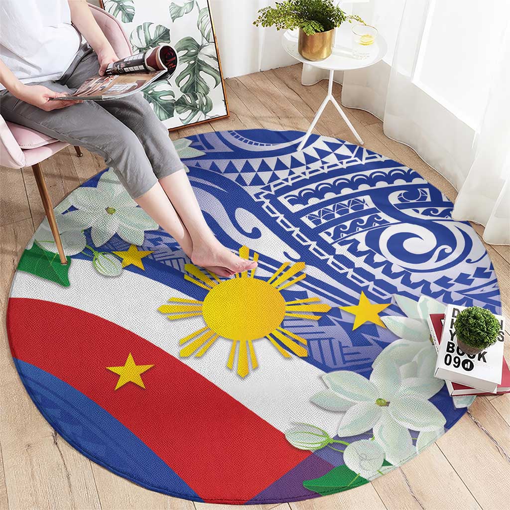 Round Philippines flag area rug with blue geometric tribal top, red stripe, floral