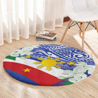 Round Philippines flag area rug, blue tribal pattern with yellow sun and red bottom stripe