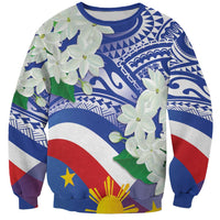 Unisex blue sweatshirt with Philippines flag print, white orchids, and tribal pattern