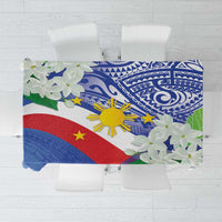 Philippines flag tablecloth with jasmine flowers and blue tribal pattern, multicolor graphic.
