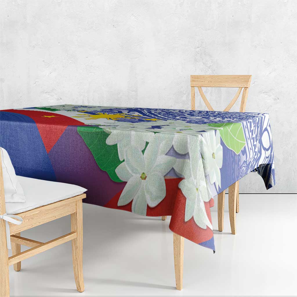 Philippines flag tablecloth with colorful geometric shapes, blue border, and jasmine flowers.