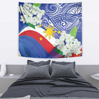 Philippines flag tapestry with blue tribal motifs, white sampaguita blossoms, central sun graphic