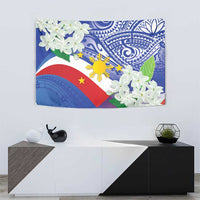 Philippines flag tapestry featuring blue tribal design, white sampaguita flowers, and sun emblem