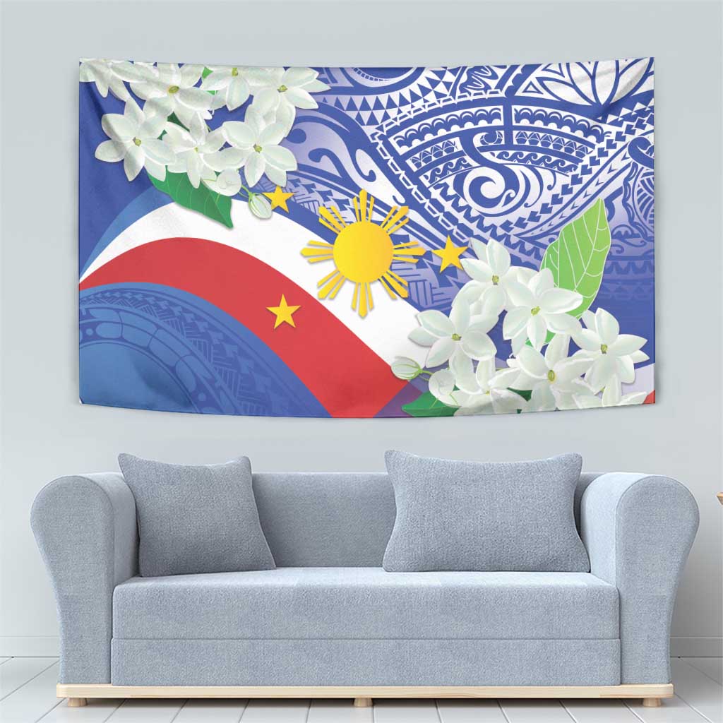 Philippines flag tapestry with blue tribal patterns, white sampaguita clusters, and sun and stars