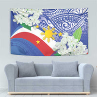 Philippines flag tapestry with blue tribal patterns, white sampaguita clusters, and sun and stars