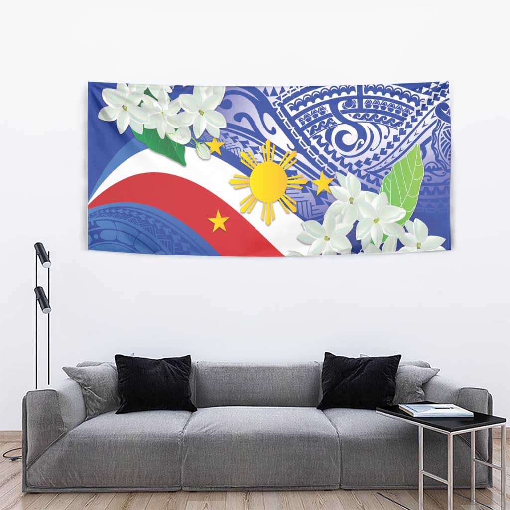 Philippines flag tapestry with blue tribal artwork, white sampaguita flowers, sun with star accents