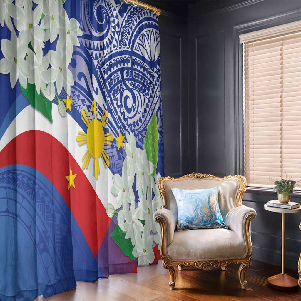 Flag-themed window curtain panel with blue tribal motif, white jasmine flowers, and stars
