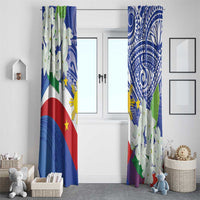 Pair of flag-themed window curtains with white jasmine blossoms and blue tribal pattern