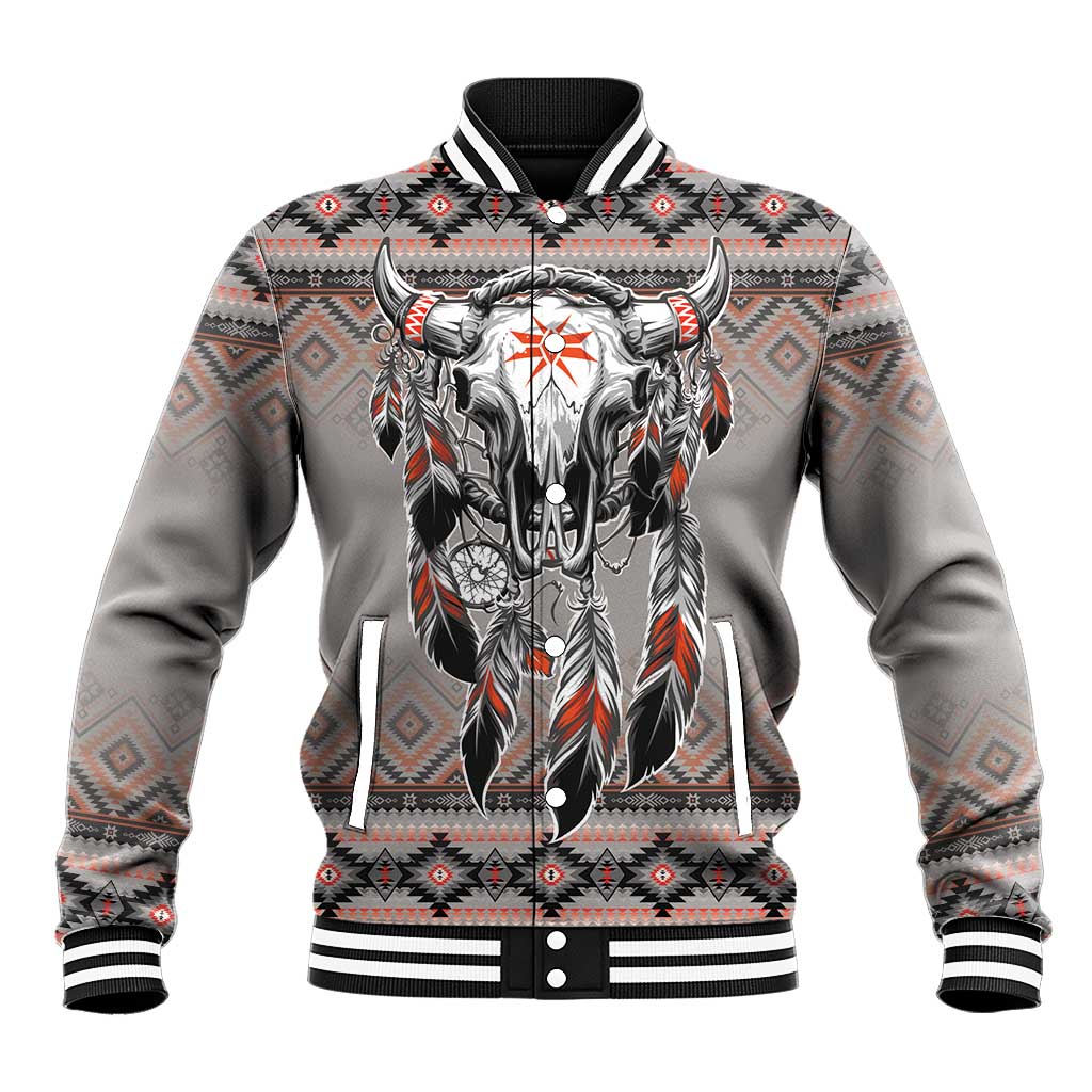 Native American Buffalo Skull Baseball Jacket with Dream Catchers Feathers