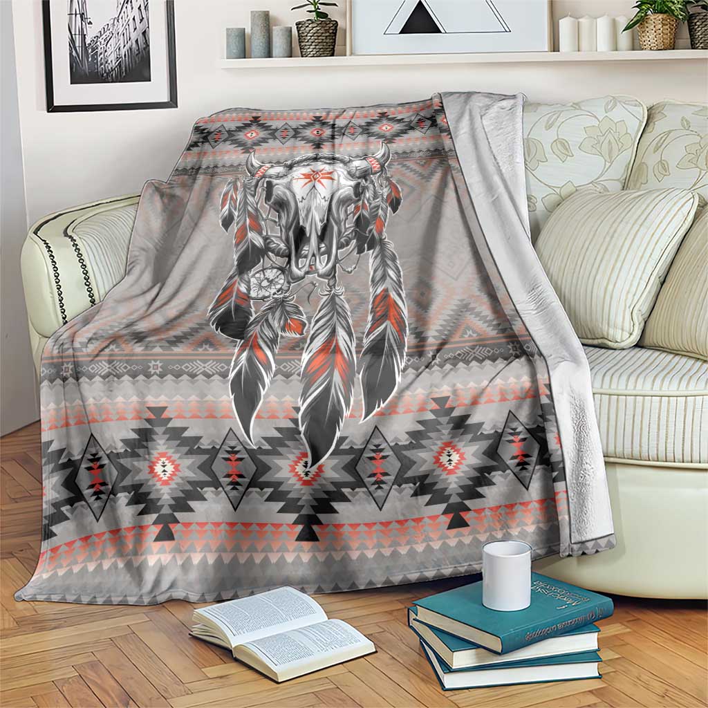 Native American Buffalo Skull Blanket with Dream Catchers Feathers