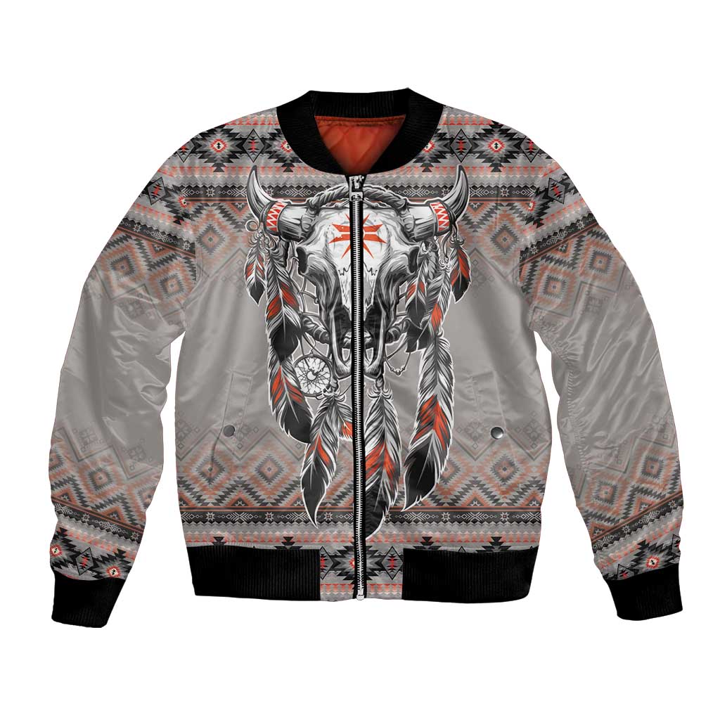 Native American Buffalo Skull Bomber Jacket with Dream Catchers Feathers