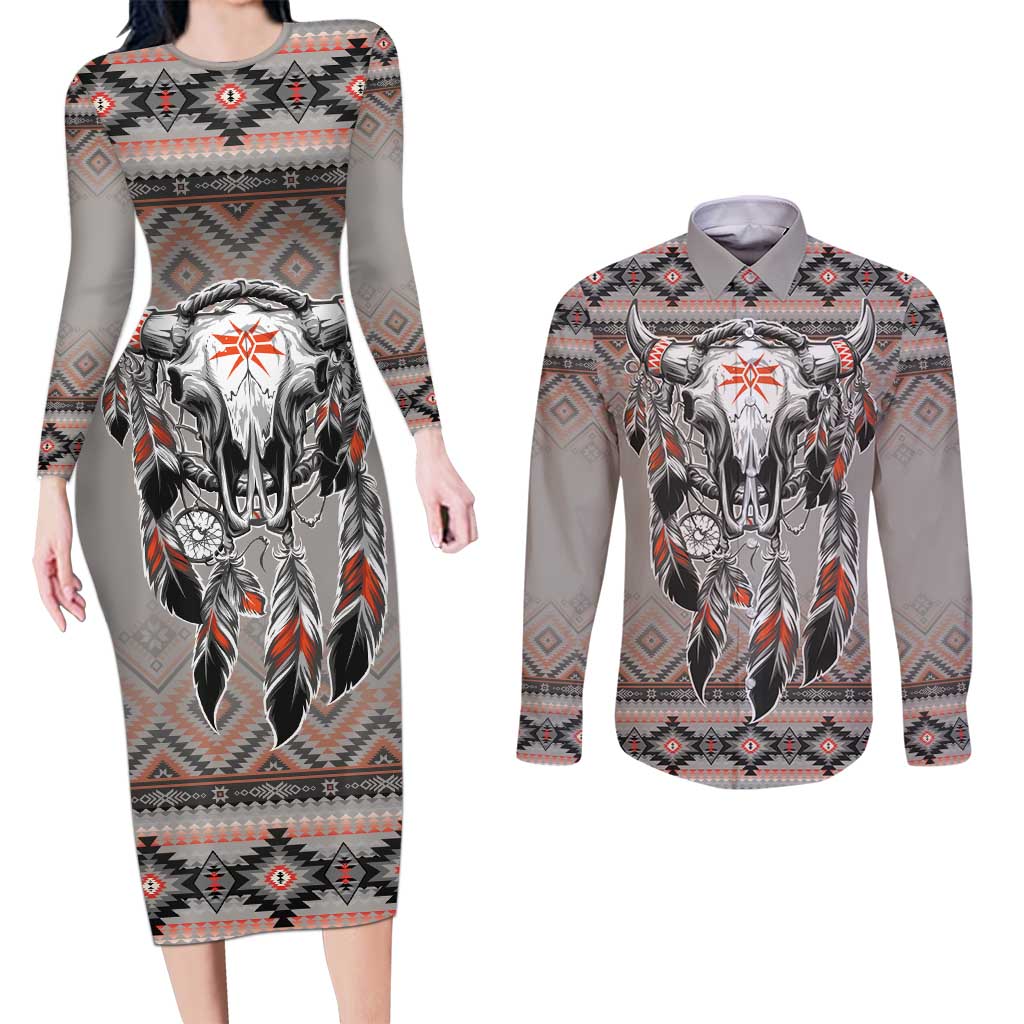 Native American Buffalo Skull Couples Matching Long Sleeve Bodycon Dress and Long Sleeve Button Shirt with Dream Catchers Feathers